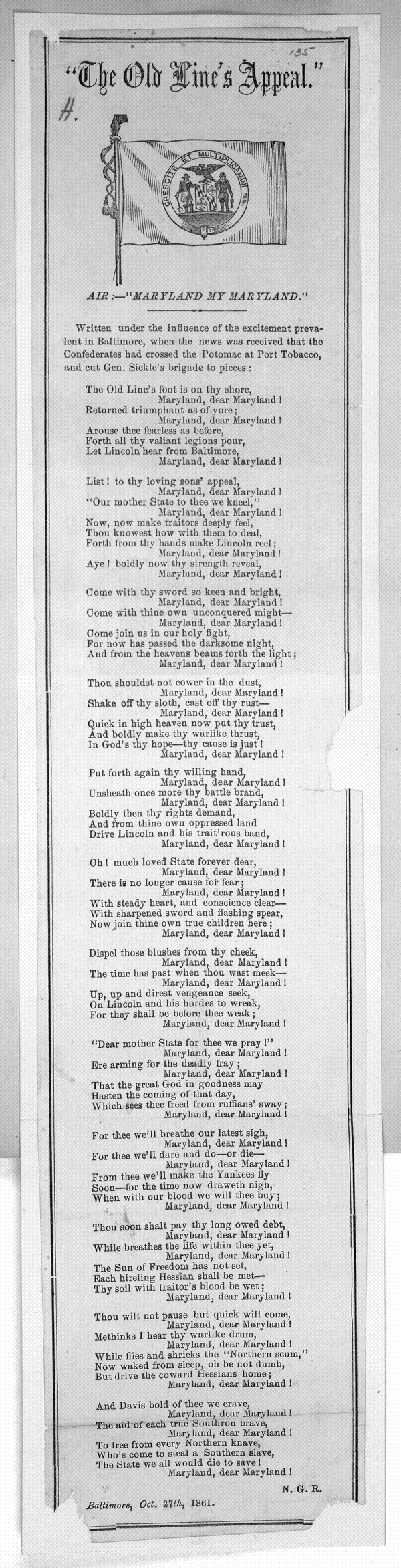 ORIGINAL SHEET MUSIC FOR MY MARYLAND MY MARYLAND